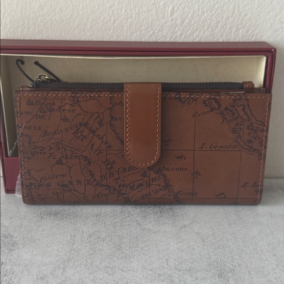 Patricia Nash Nazari Leather Brown Riot Rust Map Print Bi-Fold RFID Wallet NIB - Picture 4 of 11
